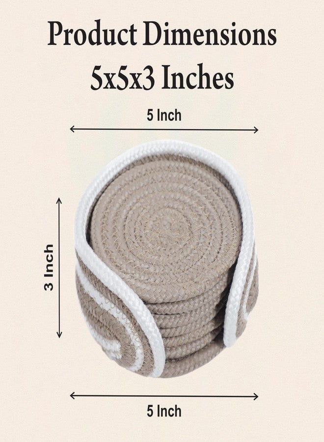 AURKA Handmade Cotton Coaster Set of 6 with Holder (Beige, 10 cm)|Round Braided Drink Mats for Hot & Cold Beverages|Eco-Friendly Absorbent Table Protectors|Decorative Tea, Coffee & Dining Coasters - Image 3